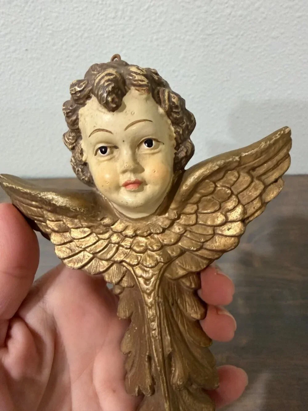 Vintage Angel Cherub Face Winged Cross Ornament Plastic Gold Tone 9
